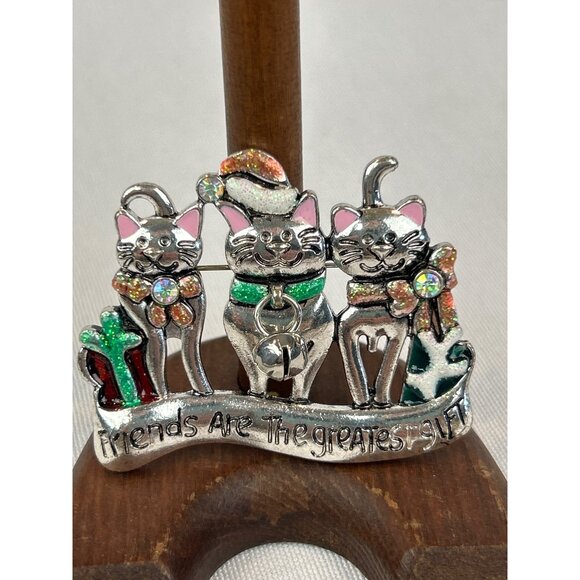 Christmas Cats Brooch "Friends Are The Greatest Gift" Sparkly Moving Bell - Picture 2 of 8